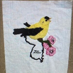 Vtg Hand Embroidered Crewel New Jersey State Bird Goldfinch Unframed Art